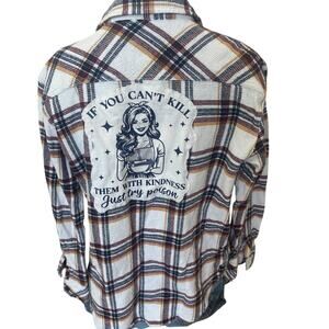 Retro Housewife Plaid Flannel Button Down Shirt XL Unique Unhinge Funny